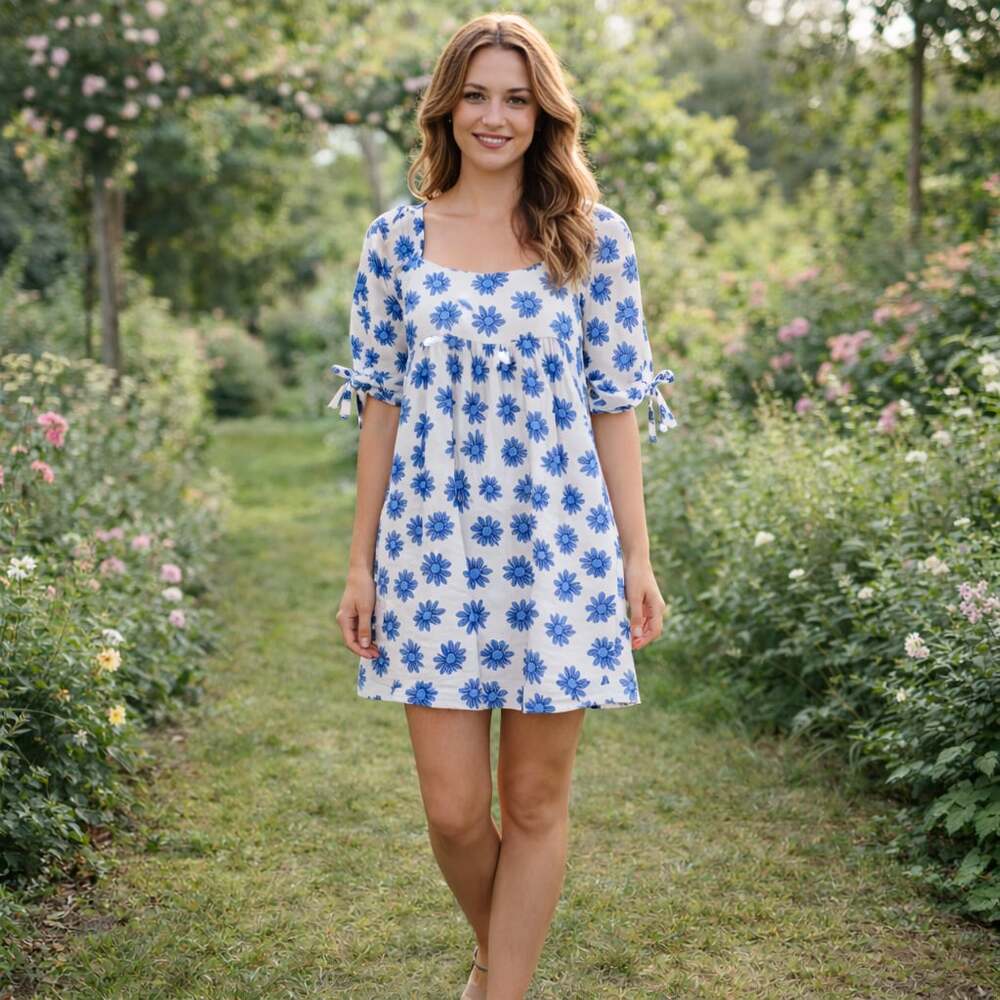 Hayden Girls Blue Daisy Floral Square Neck Tie Sleeve Mini Dress Size Large